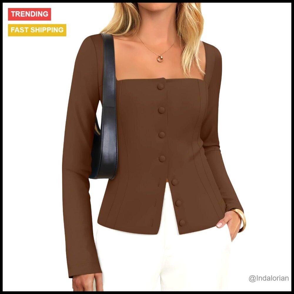 Square Neck Fitted Blazer Long Sleeve Button Up Chic Work Business Casual